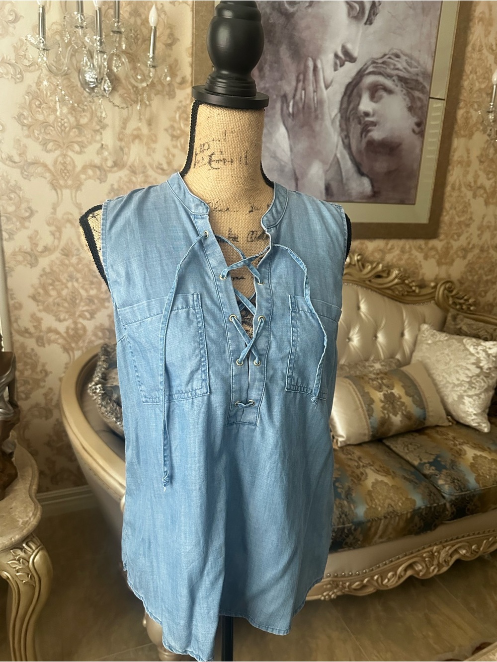 Guess Light Blue Denim Lace-Up Sleeveless Top